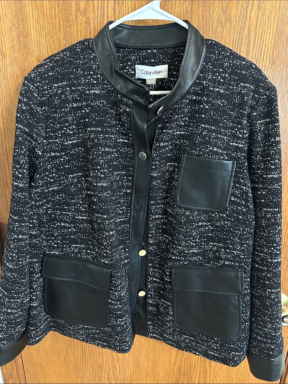 Calvin Klein Black Tweed-Style Jacket with Leather Trim Accents